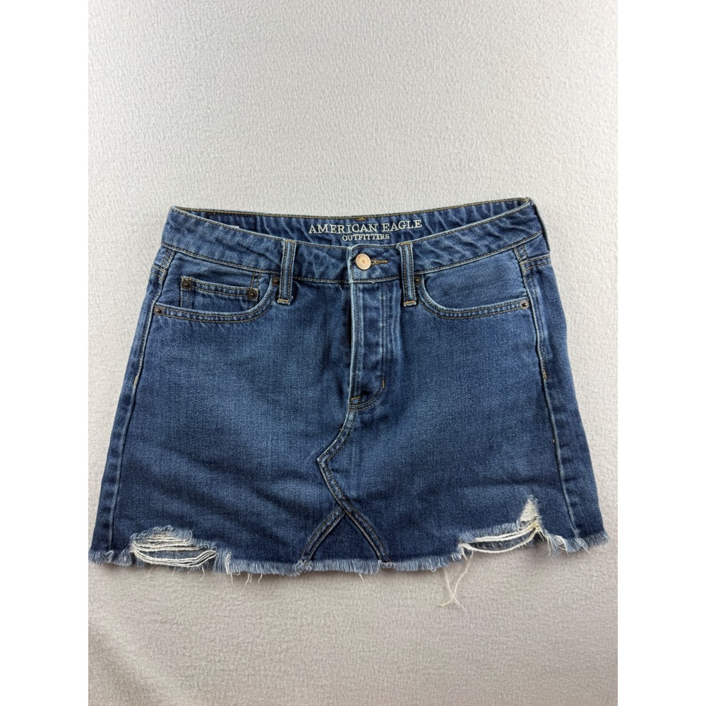 American Eagle Blue Denim Mini Skirt Button Fly Distressed Raw Hem Womens Size 4
